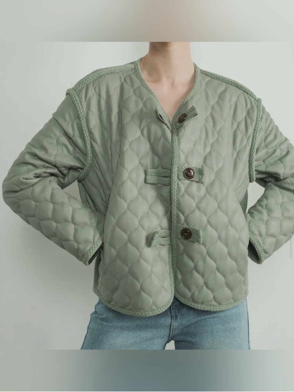 Aaron & Amber Quilted Faux Leather Oversized Collarless Jacket Green Small